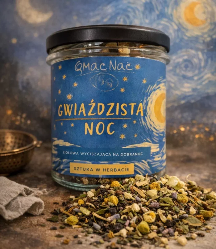 Szklany słoik herbaty ziołowej na tle nocnej ilustracji