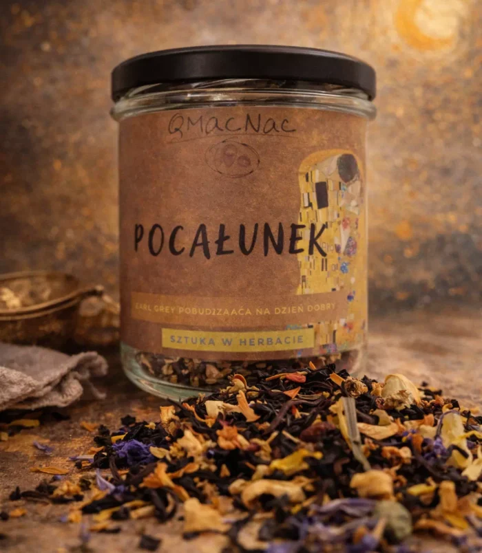 Szklany słoik herbaty Earl Grey z mieszanką suszu na stole