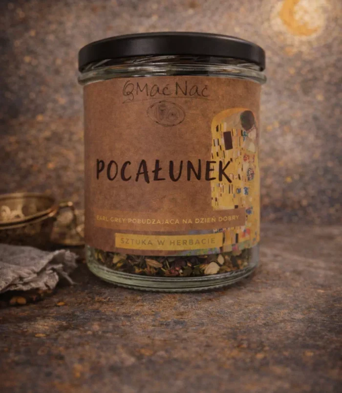 Słoik herbaty Earl Grey z napisem Pocałunek na etykiecie