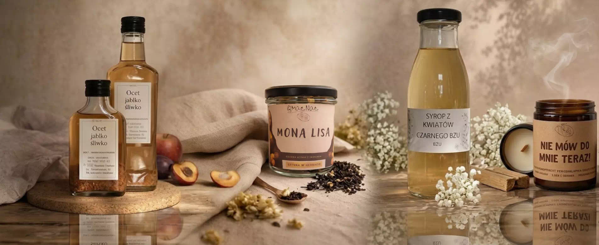 Naturalne produkty z etykietami ręcznej roboty