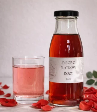 Butelka naturalnego syropu z płatków róży i szklanka z nalanym syropem. Dookoła rozsypane płatki róż.