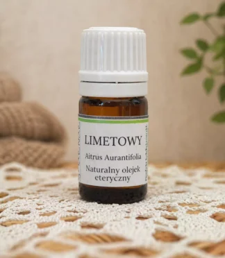 Olejek eteryczny limetowy w szklanej buteleczce z etykietą