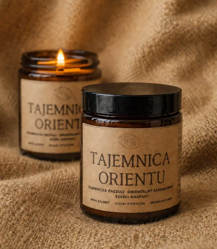 Dwie świece sojowe w szklanych, brązowych słoikach z etykietą z napisem "Tajemnica orientu".